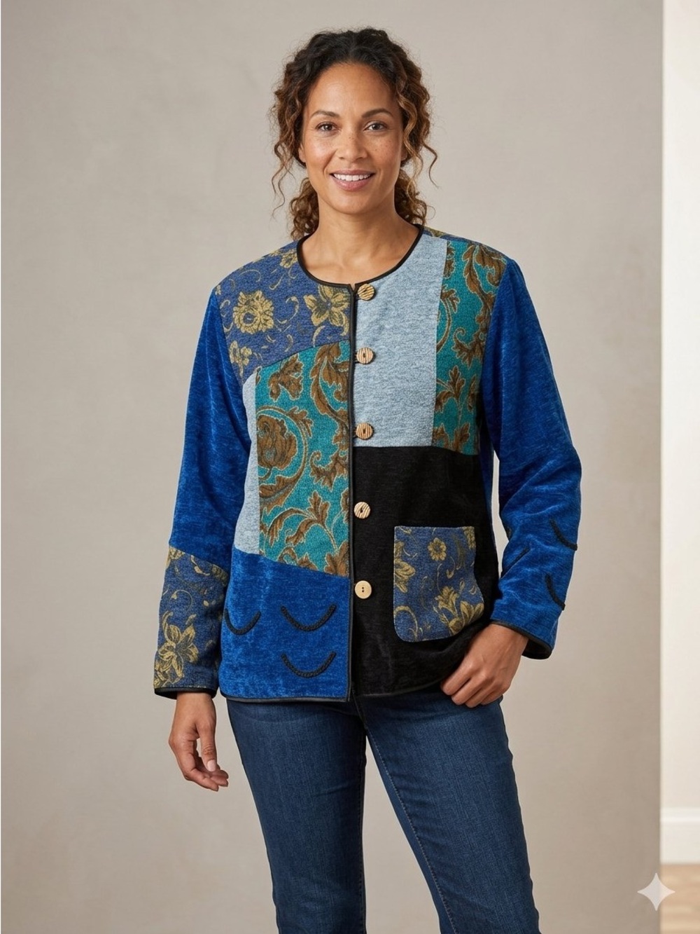Indigo Moon Tapestry Velvet Jacket Sweater 2X